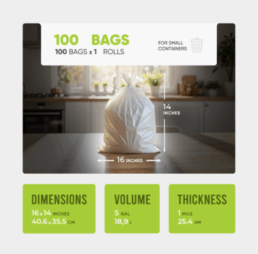 Melplas Small Trash Bags – 16×14 inches, 1 mil Thick, 100 Count