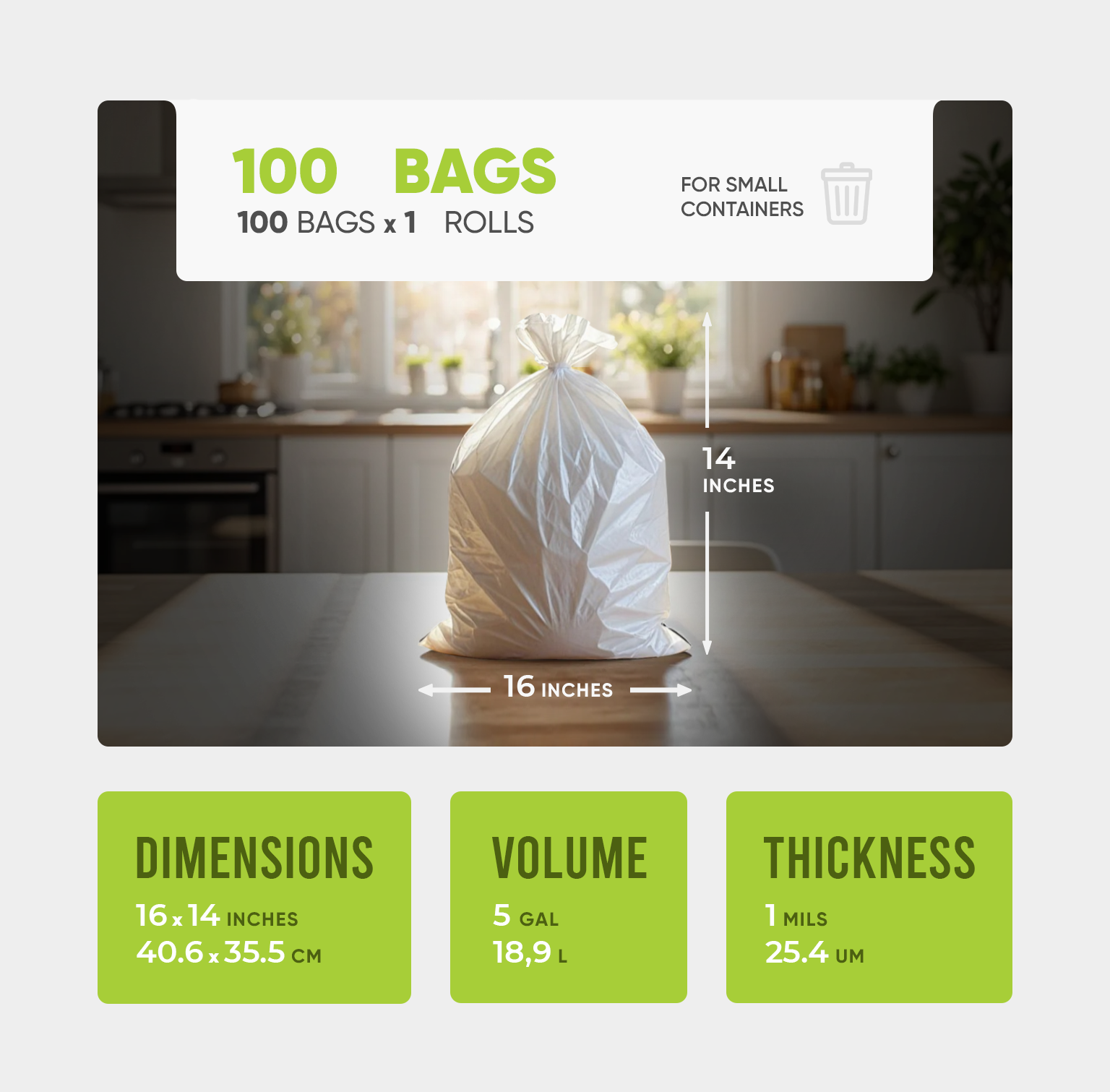 Melplas Small Trash Bags – 16×14 inches, 1 mil Thick, 100 Count