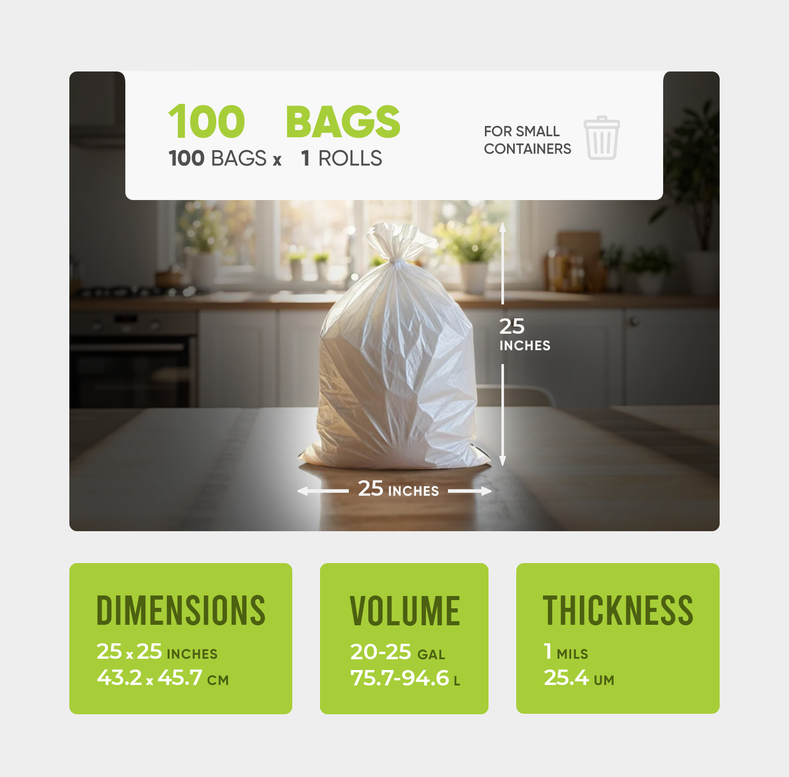 Melplas Medium Trash Bags – 25×25 inches, 1 mil Thick, 100 Count