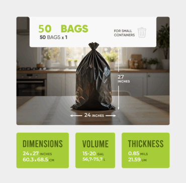 Melplas S-Shape Trash Bags – 24×27 inches, 0.85 mil Thick, 50 Count
