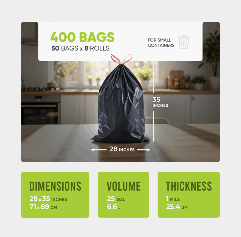 Drawstring Trash Bags 28x35 inches, 1 mil 400pcs