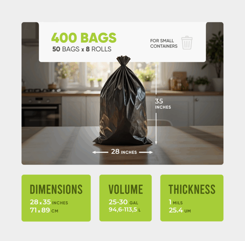 S-Shape Trash Bags 28x35 inches, 1 mil 400pcs