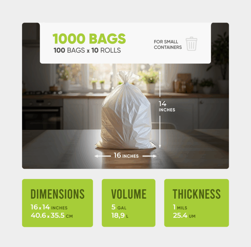 Small Trash Bags 16x14 inches, 1 mil 1000pcs