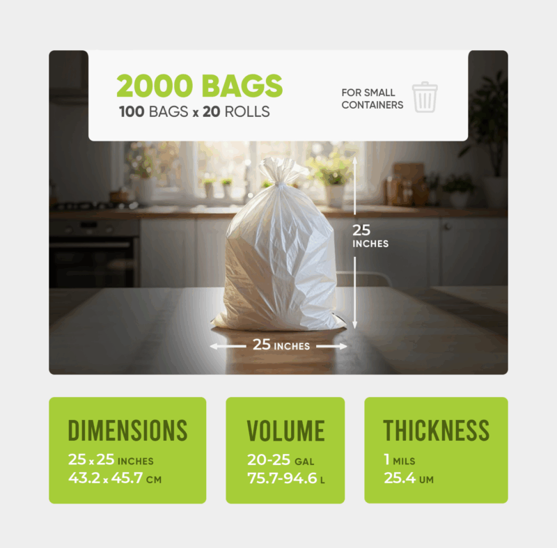 Medium Trash Bags 25x25 inches, 1 mil 2000pcs