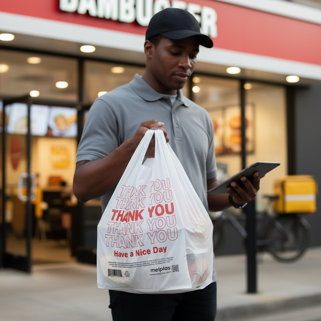 Printed Thank You T-shirt carryout bags by Melplas