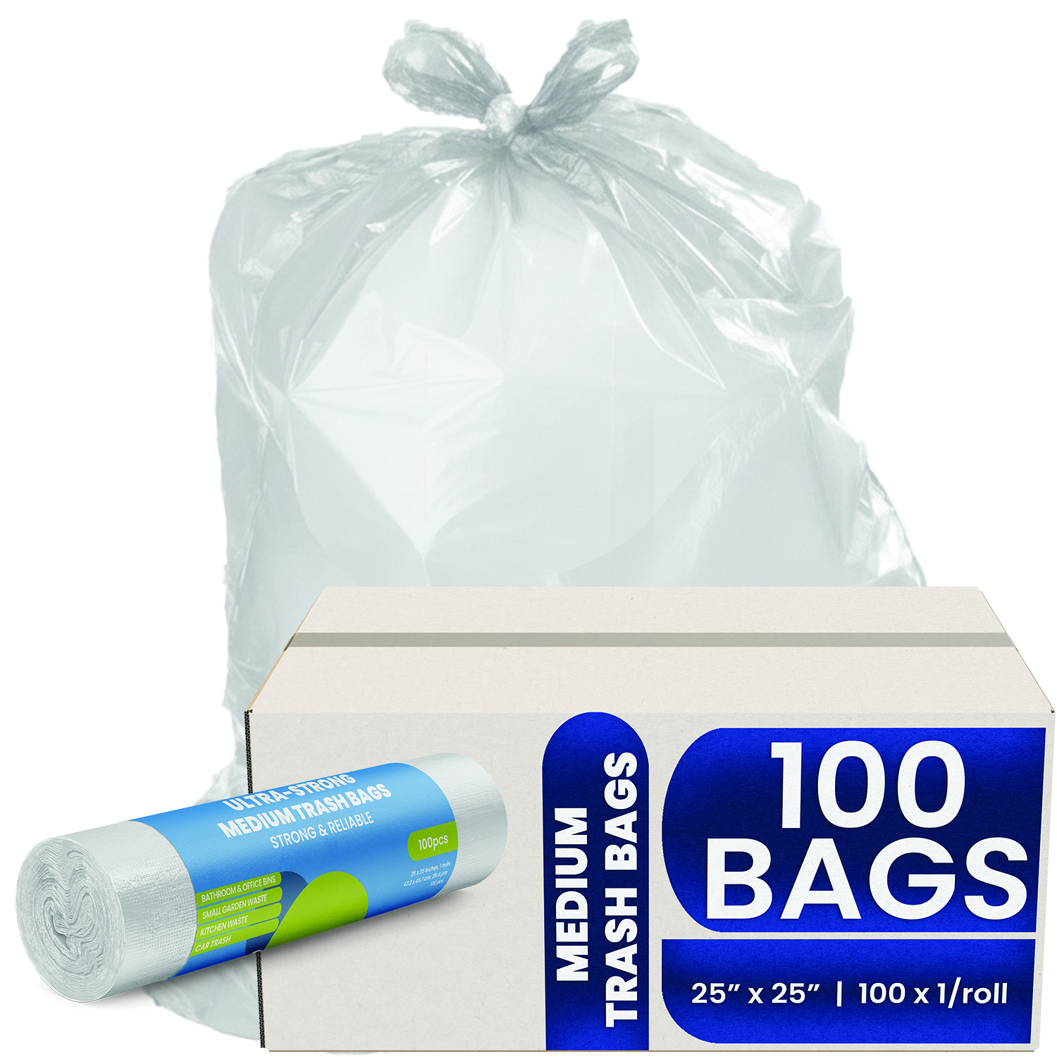 Melplas Medium Trash Bags – 25×25 inches, 1 mil Thick, 100 Count